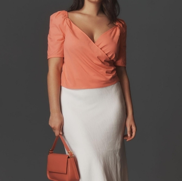 By Anthropologie Women's Puff-Sleeve Wrap Top in Pink Rose, Size MEDIUM - Picture 3 of 11